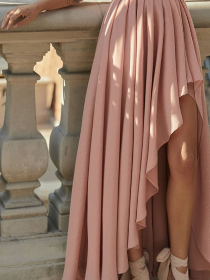 Ladies Long Chiffon Dress with One Shoulder Stylish Party Dress