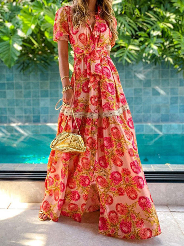 Ladies Long Dress Bohemian Floral Print Polyester