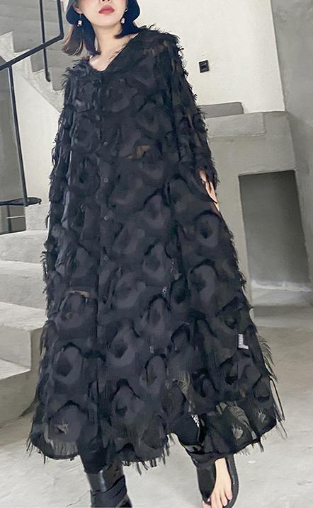 Ladies Long Dress with Feather and V-neckline - Breathable Chiffon for Summer