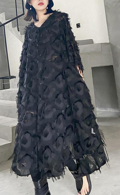 Ladies Long Dress with Feather and V-neckline - Breathable Chiffon for Summer
