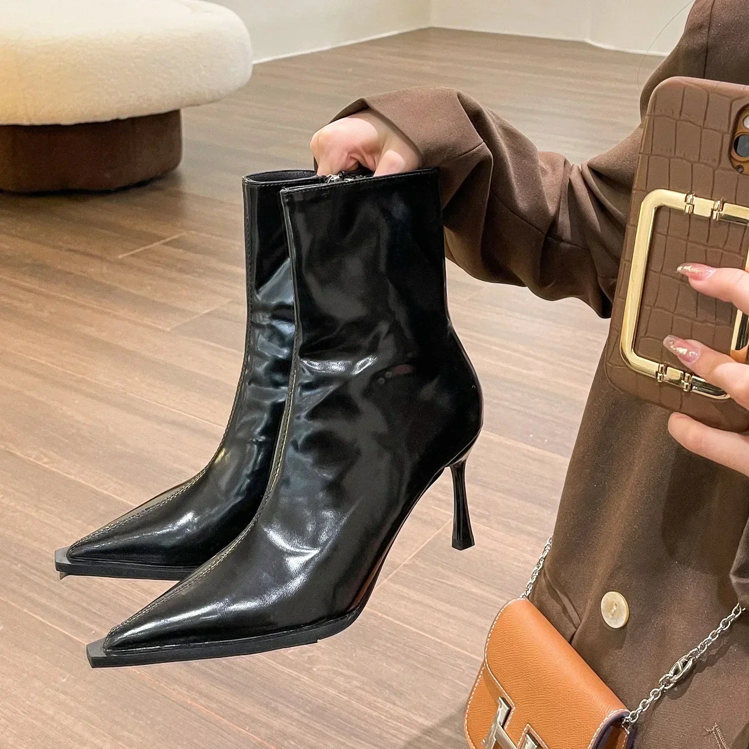Ladies Party Boots Pointed Nose Elegant Style Synthetic Leather