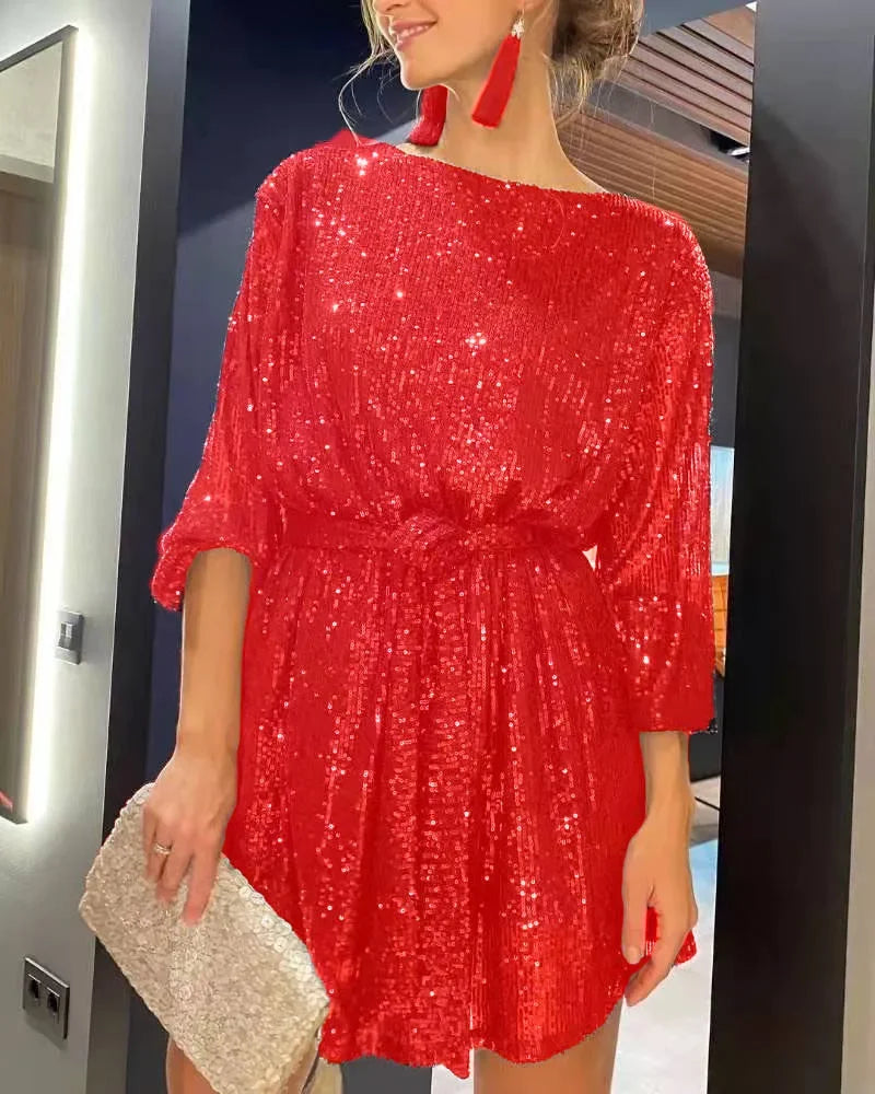Ladies Party Dress With Shimmering Sequins Polyester Elegant Fit