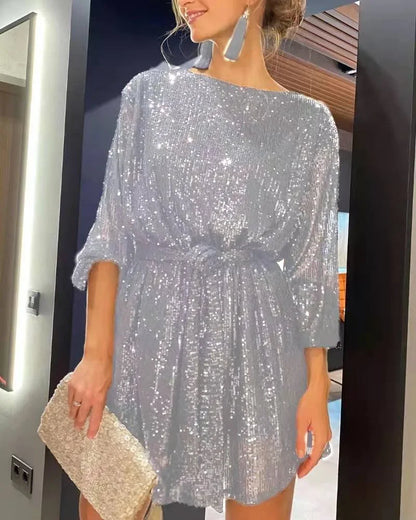 Ladies Party Dress With Shimmering Sequins Polyester Elegant Fit