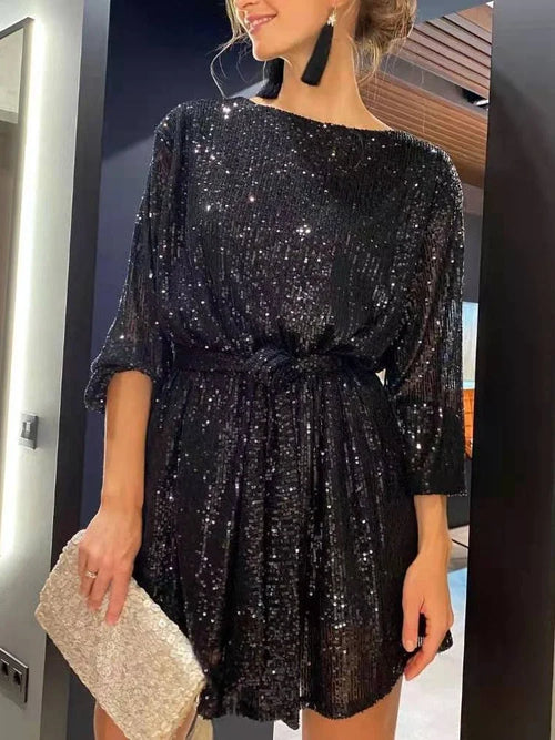 Ladies Party Dress With Shimmering Sequins Polyester Elegant Fit