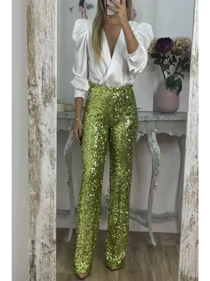 Ladies Party Pants With Sparkling Sequins Polyester Elastane