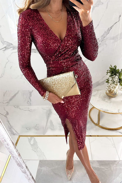 Ladies Sequin Dress With Split And Long Sleeves Polyester Elegant Evening Dress