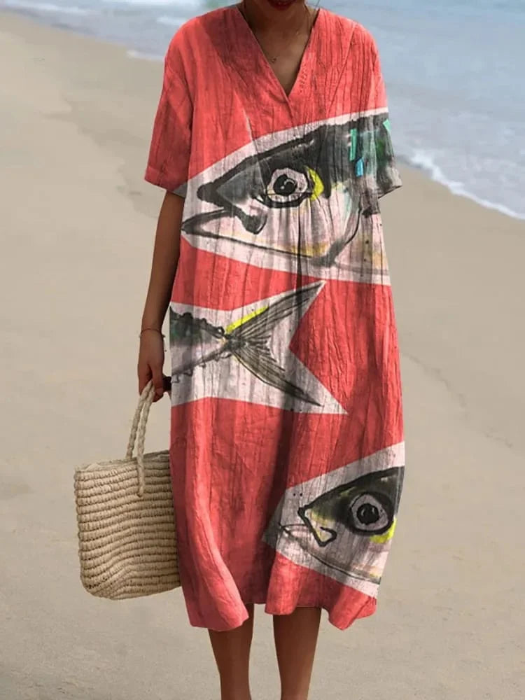 Ladies Shirt Dress Short Sleeves Plus Size Breathable Ocean Print Casual Summer Dresses