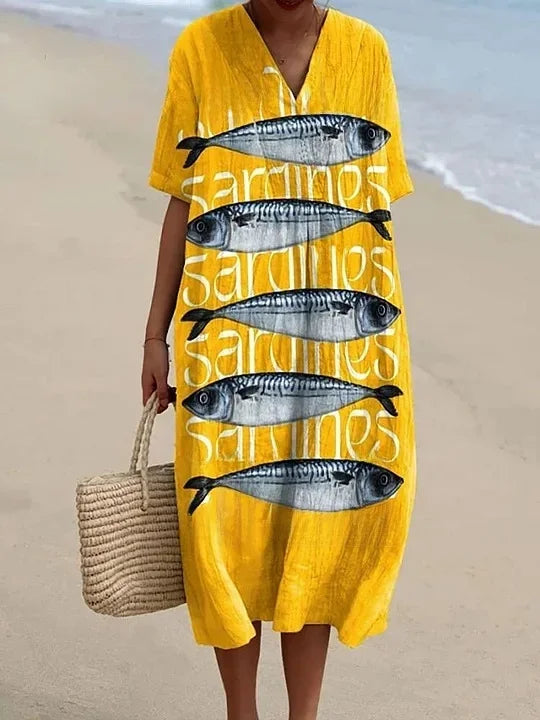 Ladies Shirt Dress Short Sleeves Plus Size Breathable Ocean Print Casual Summer Dresses