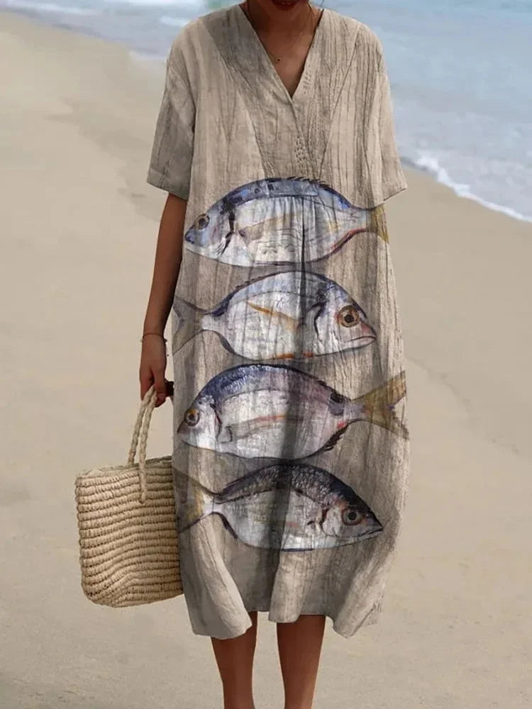 Ladies Shirt Dress Short Sleeves Plus Size Breathable Ocean Print Casual Summer Dresses