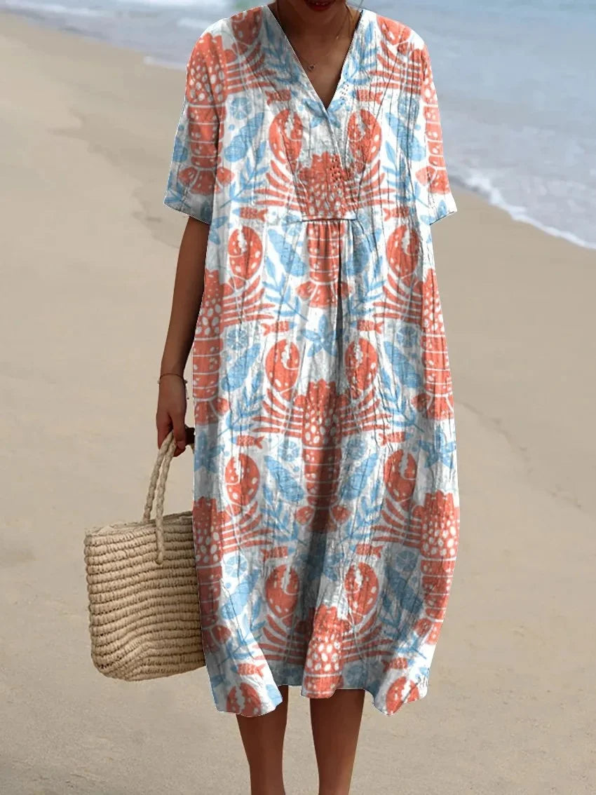 Ladies Shirt Dress Short Sleeves Plus Size Breathable Ocean Print Casual Summer Dresses