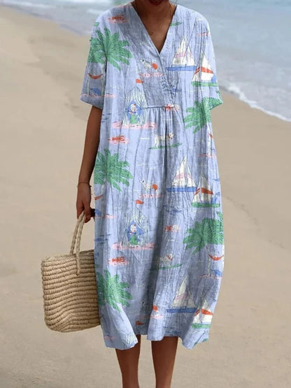 Ladies Shirt Dress Short Sleeves Plus Size Breathable Ocean Print Casual Summer Dresses