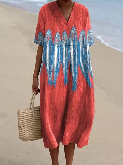 Ladies Shirt Dress Short Sleeves Plus Size Breathable Ocean Print Casual Summer Dresses