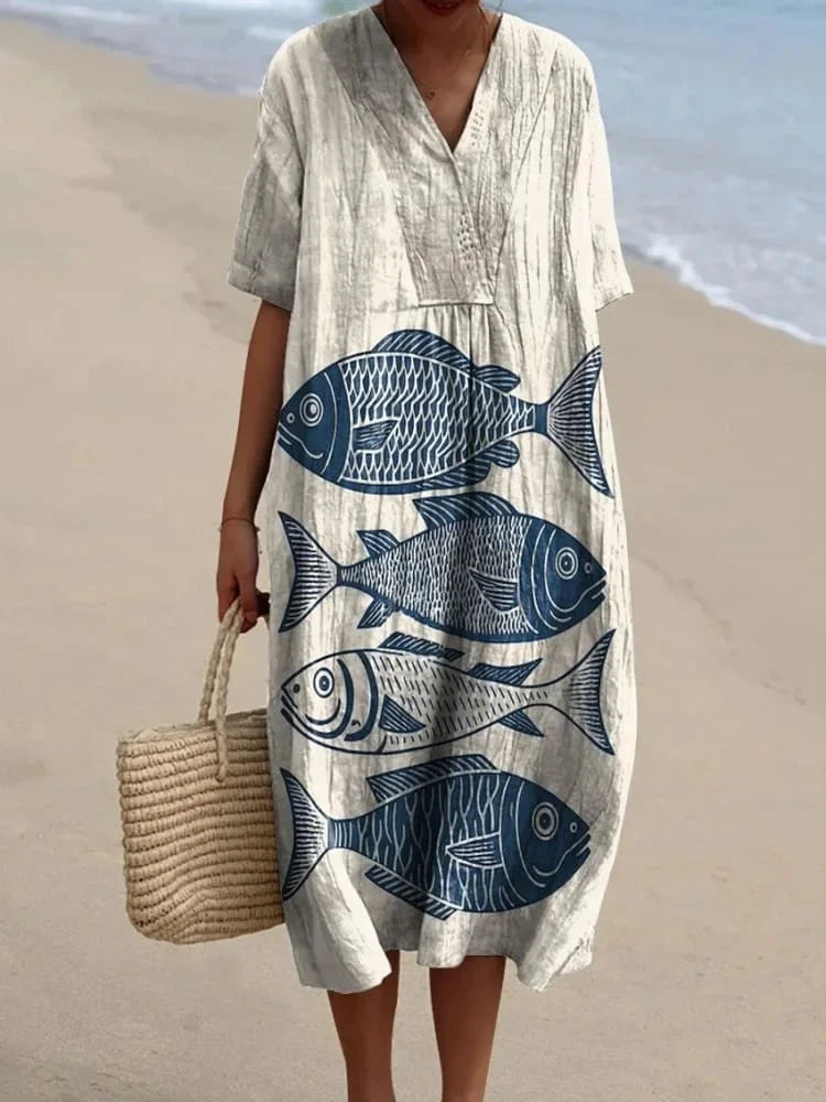 Ladies Shirt Dress Short Sleeves Plus Size Breathable Ocean Print Casual Summer Dresses