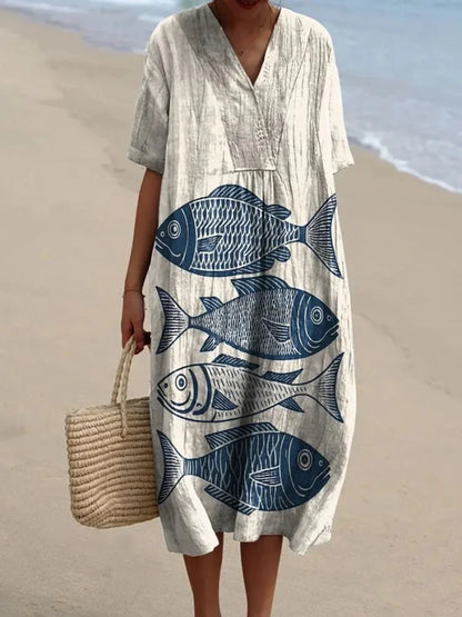 Ladies Shirt Dress Short Sleeves Plus Size Breathable Ocean Print Casual Summer Dresses