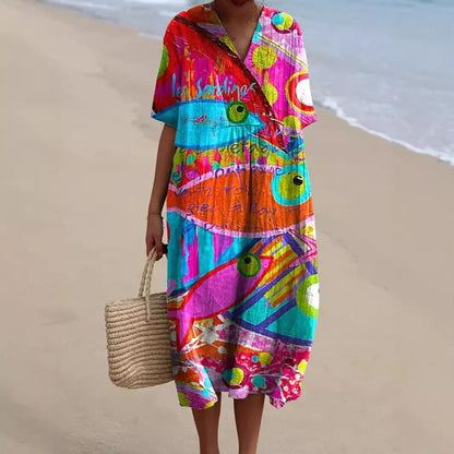 Ladies Shirt Dress Short Sleeves Plus Size Breathable Ocean Print Casual Summer Dresses