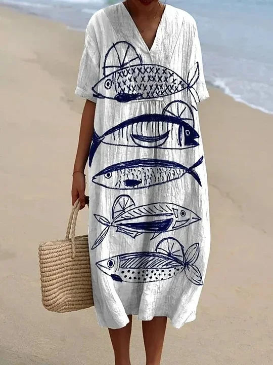 Ladies Shirt Dress Short Sleeves Plus Size Breathable Ocean Print Casual Summer Dresses
