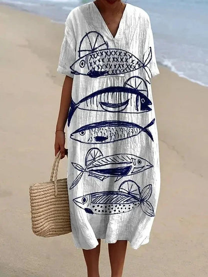Ladies Shirt Dress Short Sleeves Plus Size Breathable Ocean Print Casual Summer Dresses