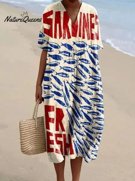 Ladies Shirt Dress Short Sleeves Plus Size Breathable Ocean Print Casual Summer Dresses