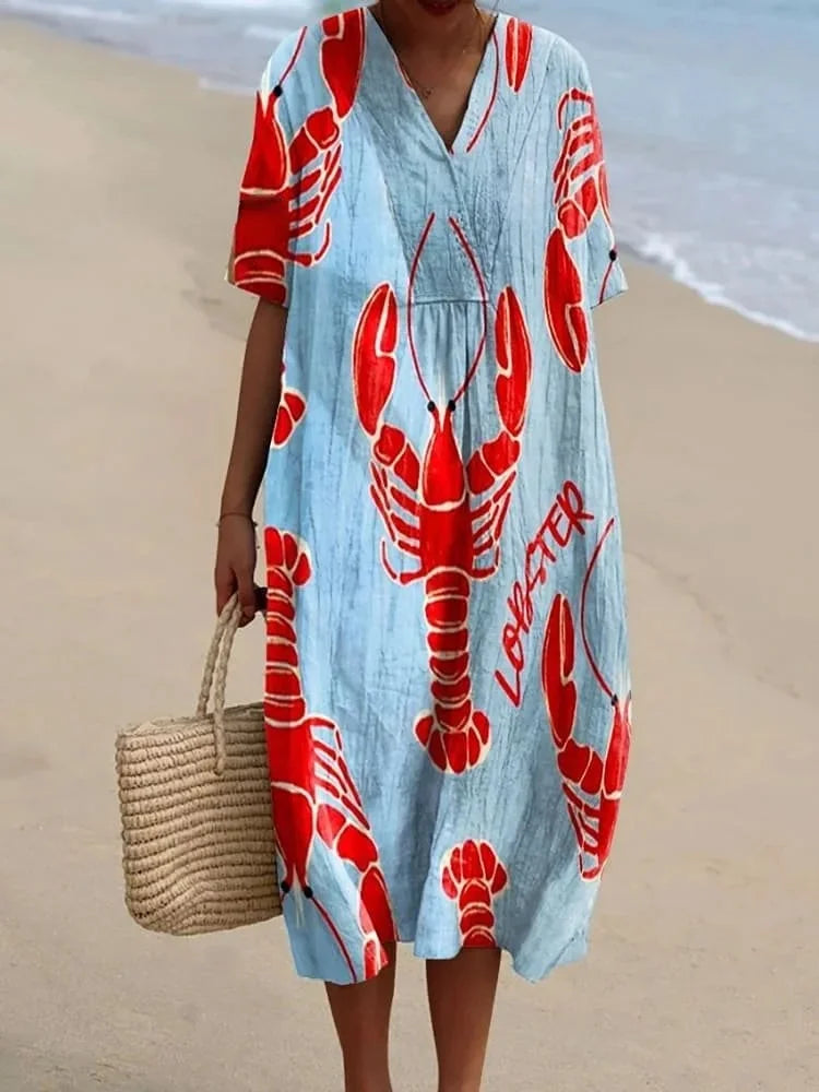 Ladies Shirt Dress Short Sleeves Plus Size Breathable Ocean Print Casual Summer Dresses
