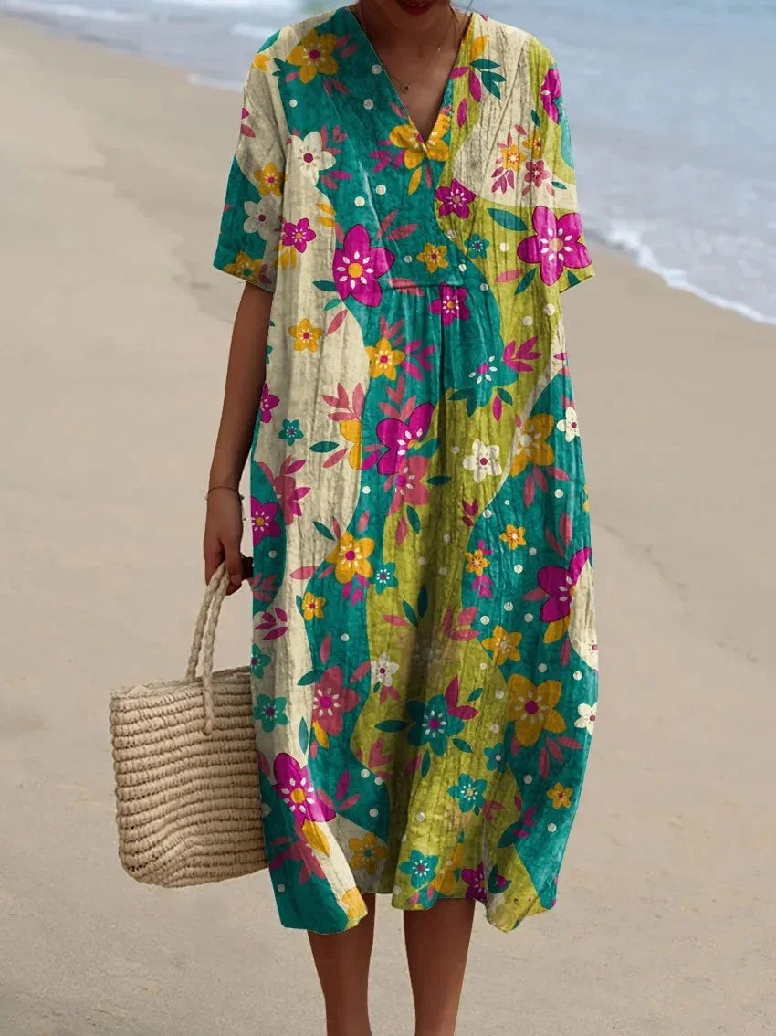 Ladies Shirt Dress Short Sleeves Plus Size Breathable Ocean Print Casual Summer Dresses