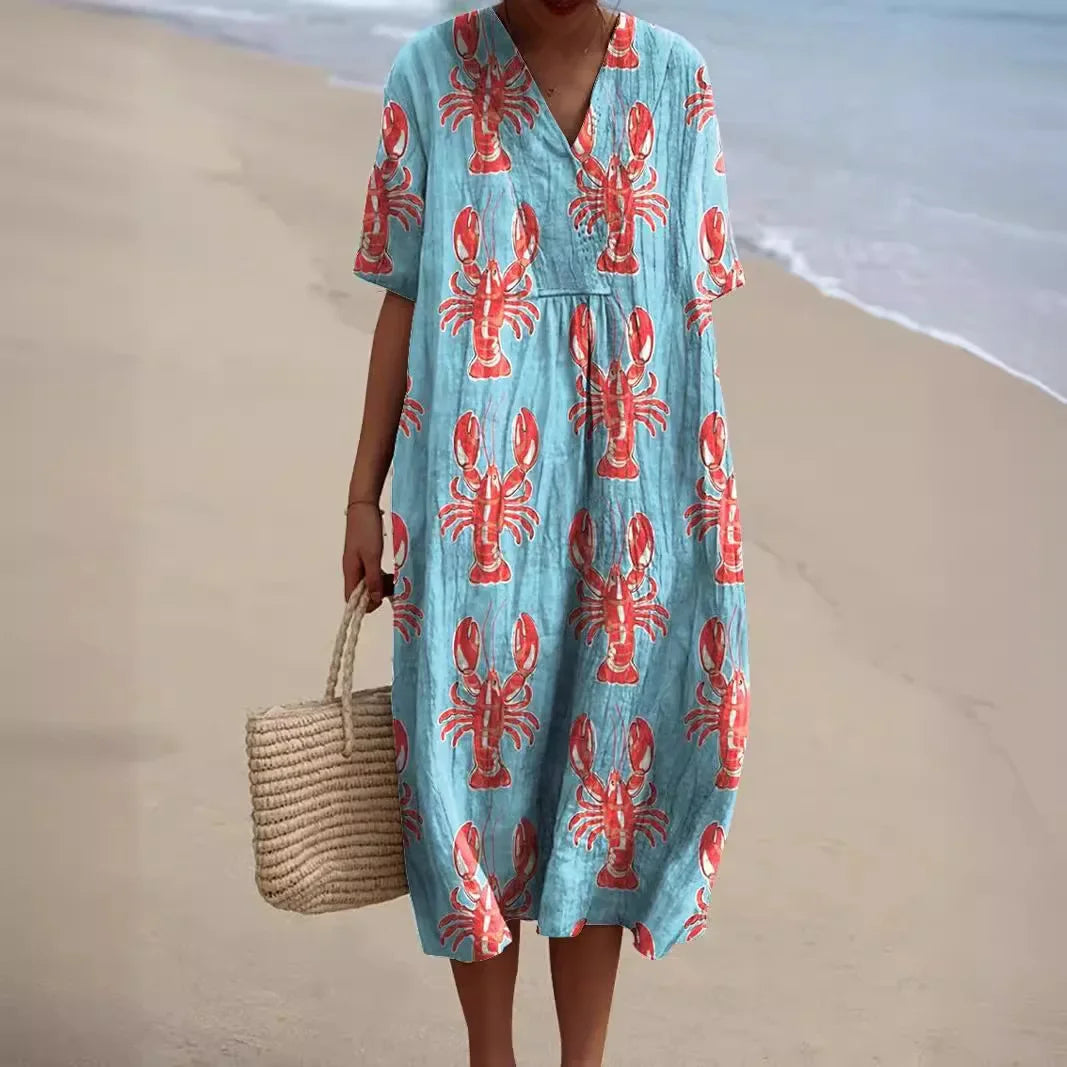 Ladies Shirt Dress Short Sleeves Plus Size Breathable Ocean Print Casual Summer Dresses