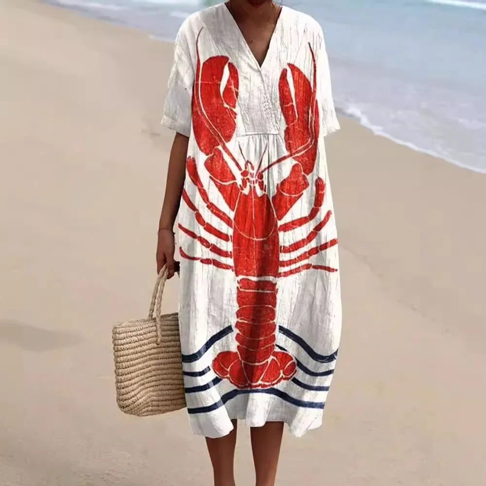Ladies Shirt Dress Short Sleeves Plus Size Breathable Ocean Print Casual Summer Dresses