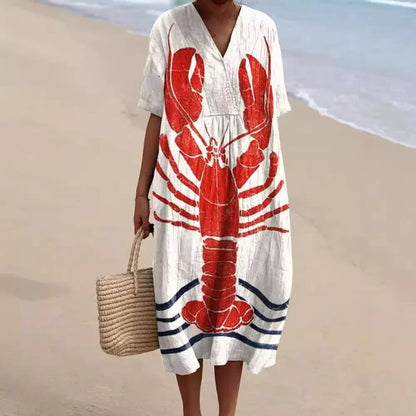Ladies Shirt Dress Short Sleeves Plus Size Breathable Ocean Print Casual Summer Dresses