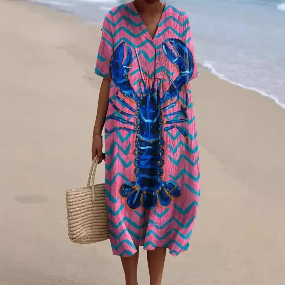 Ladies Shirt Dress Short Sleeves Plus Size Breathable Ocean Print Casual Summer Dresses