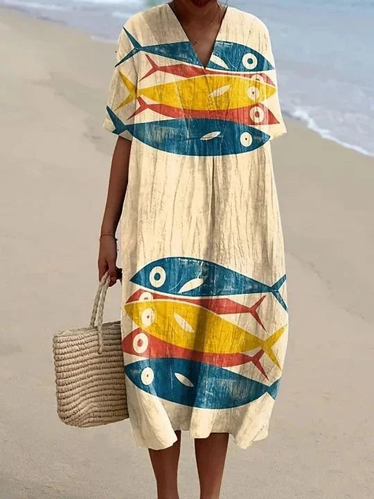 Ladies Shirt Dress Short Sleeves Plus Size Breathable Ocean Print Casual Summer Dresses
