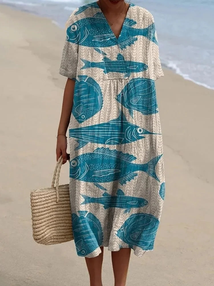 Ladies Shirt Dress Short Sleeves Plus Size Breathable Ocean Print Casual Summer Dresses