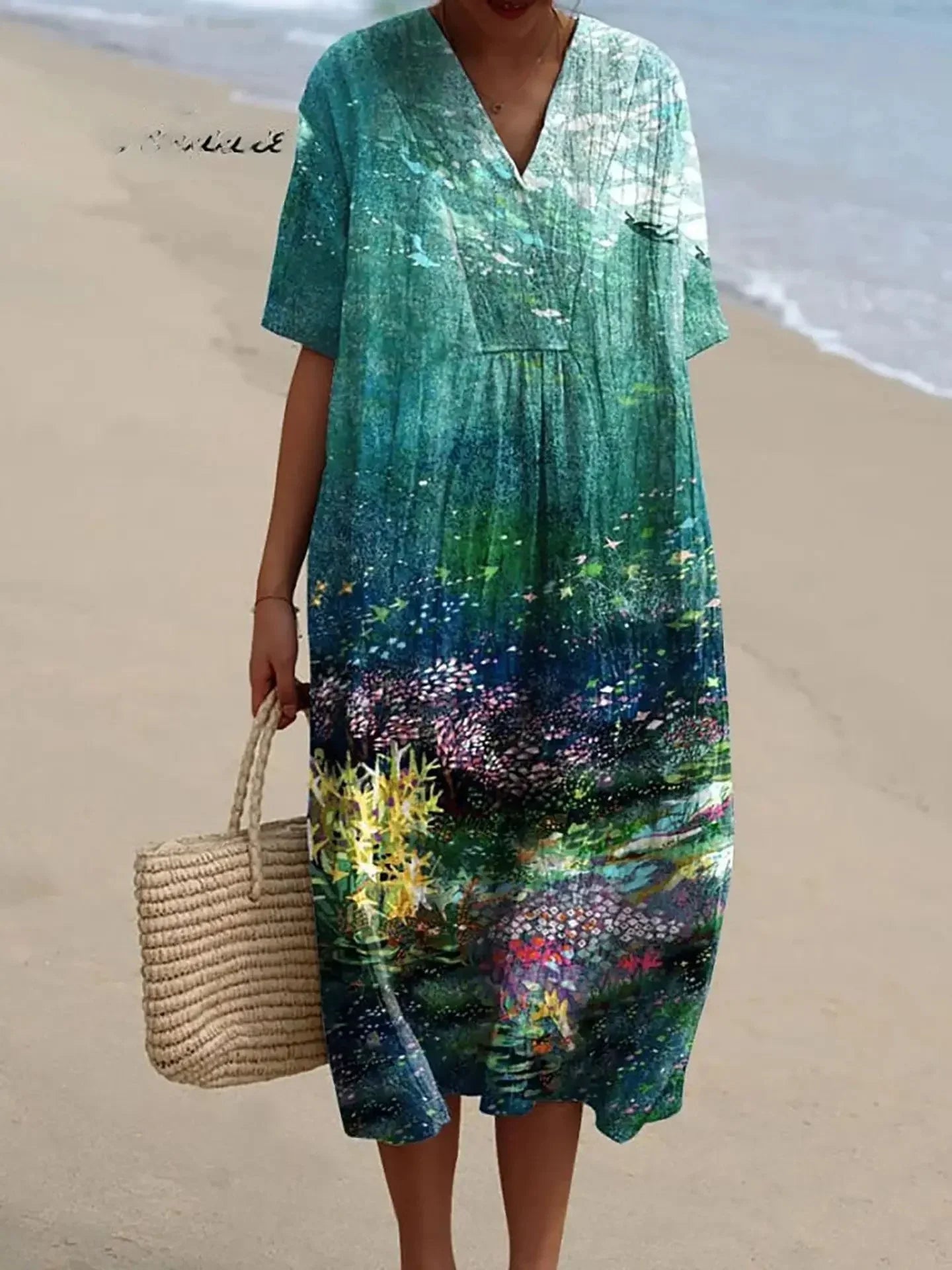 Ladies Shirt Dress Short Sleeves Plus Size Breathable Ocean Print Casual Summer Dresses