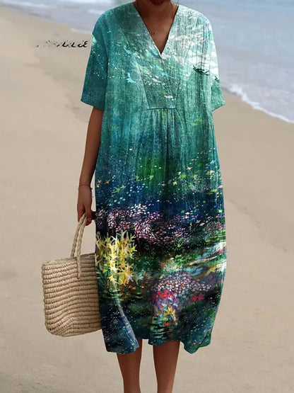 Ladies Shirt Dress Short Sleeves Plus Size Breathable Ocean Print Casual Summer Dresses