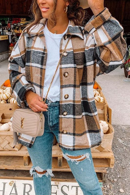 Ladies Shirt Jacket Checkered with Lowered Shoulder