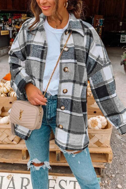 Ladies Shirt Jacket Checkered with Lowered Shoulder