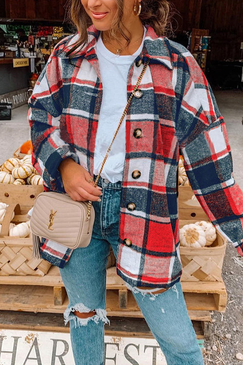 Ladies Shirt Jacket Checkered with Lowered Shoulder