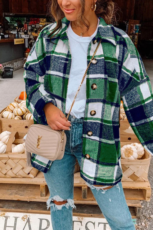 Ladies Shirt Jacket Checkered with Lowered Shoulder