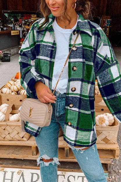 Ladies Shirt Jacket Checkered with Lowered Shoulder