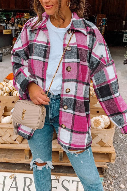 Ladies Shirt Jacket Checkered with Lowered Shoulder