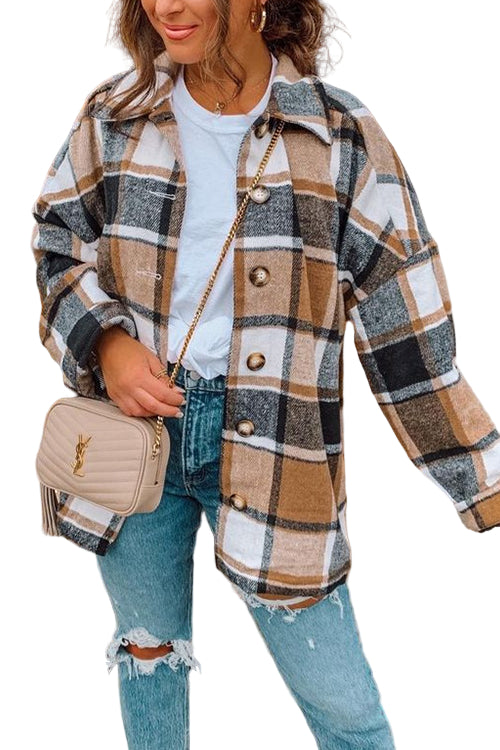 Ladies Shirt Jacket Checkered with Lowered Shoulder