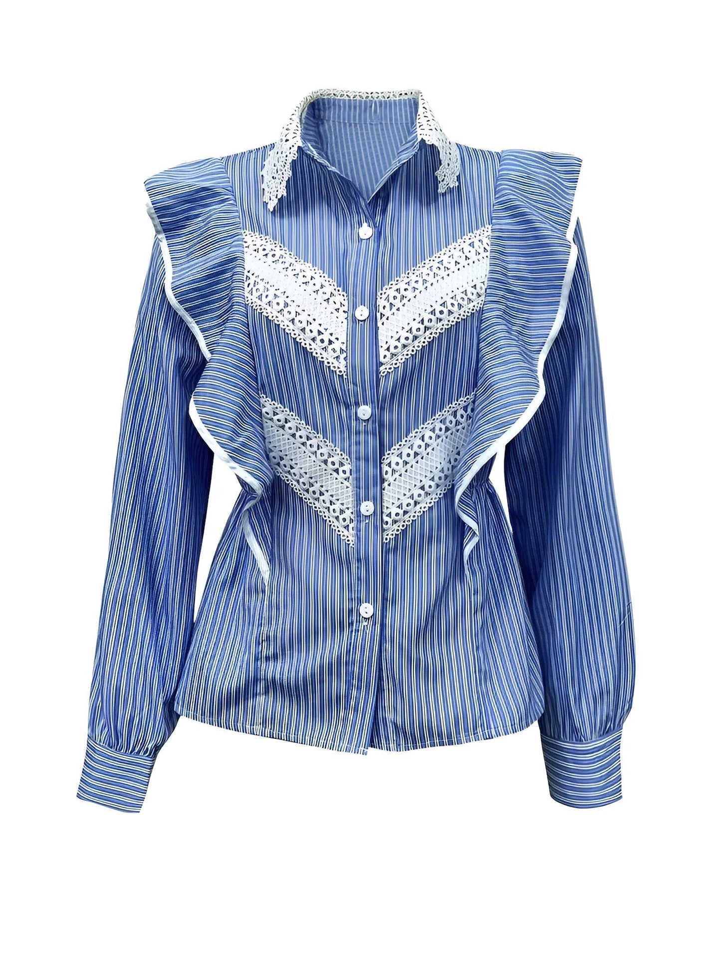 Ladies Shirt Long Sleeves Striped Ruffles Soft Fabric