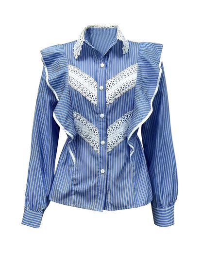 Ladies Shirt Long Sleeves Striped Ruffles Soft Fabric