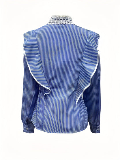 Ladies Shirt Long Sleeves Striped Ruffles Soft Fabric