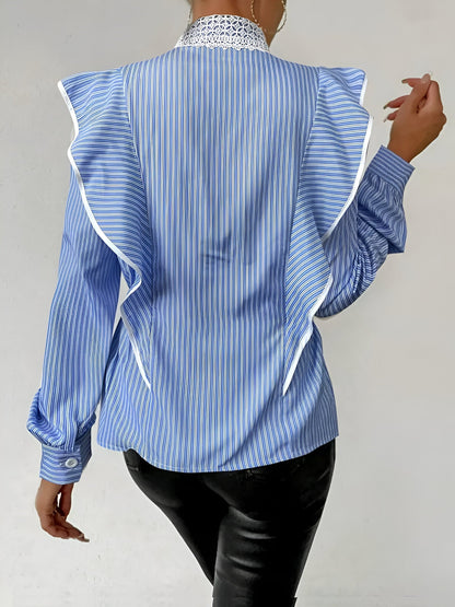 Ladies Shirt Long Sleeves Striped Ruffles Soft Fabric