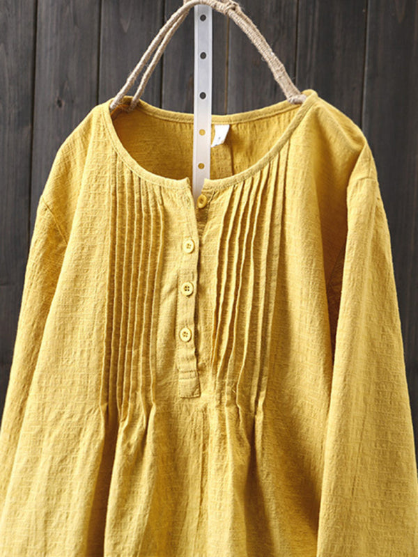 Ladies Shirt Pleated Round Neck Long Sleeves
