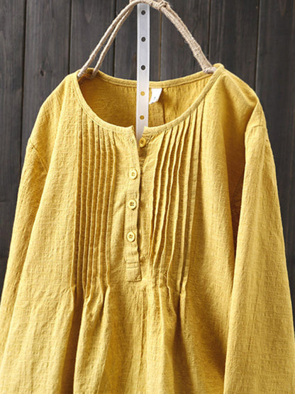 Ladies Shirt Pleated Round Neck Long Sleeves