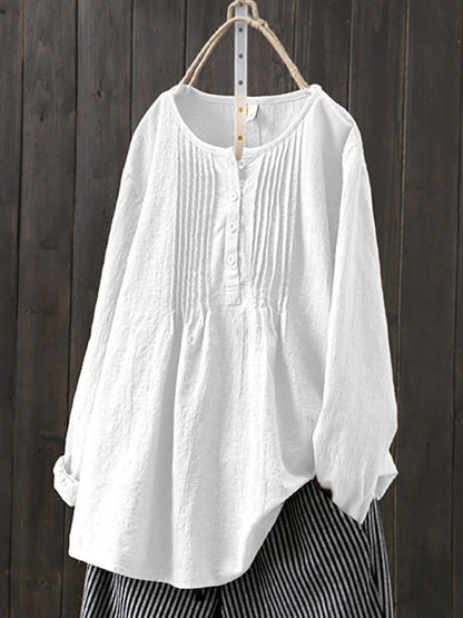 Ladies Shirt Pleated Round Neck Long Sleeves