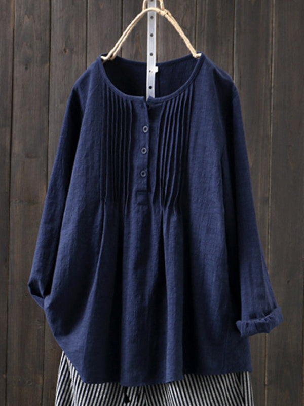 Ladies Shirt Pleated Round Neck Long Sleeves
