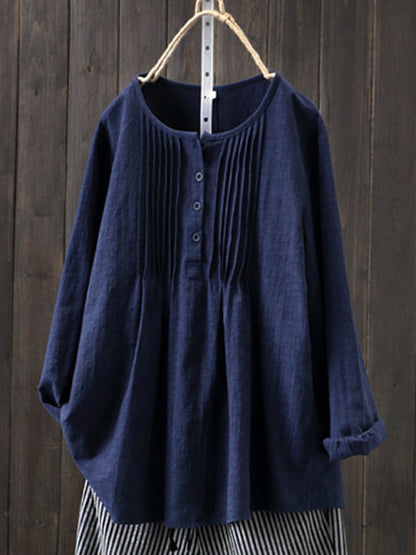 Ladies Shirt Pleated Round Neck Long Sleeves