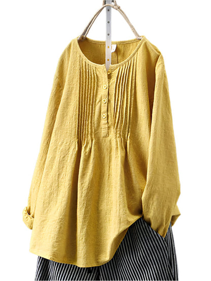 Ladies Shirt Pleated Round Neck Long Sleeves