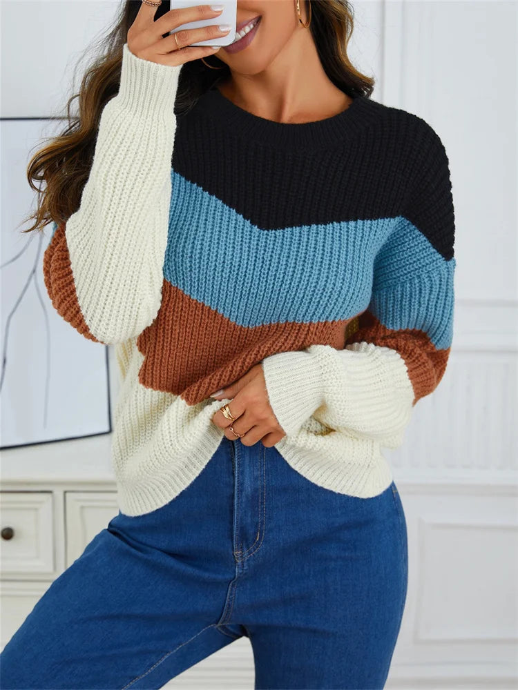 Ladies Striped Sweater Round Neck Cotton Blend